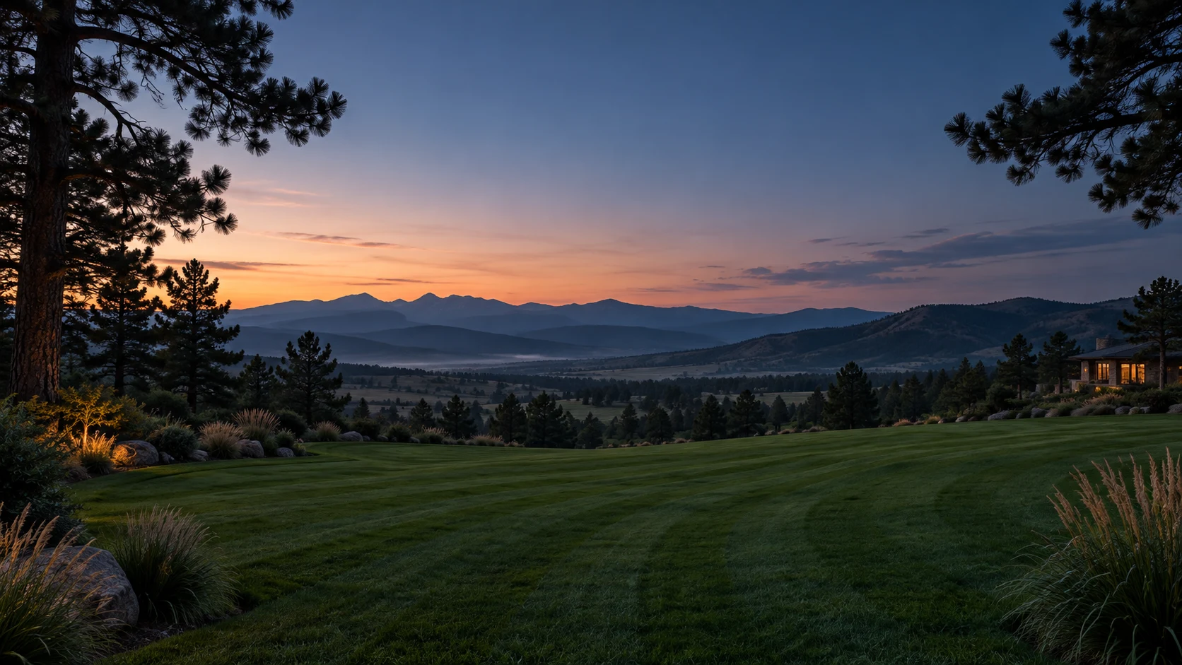 Illustrative Colorado lawn overlooking pine-covered hills at dusk