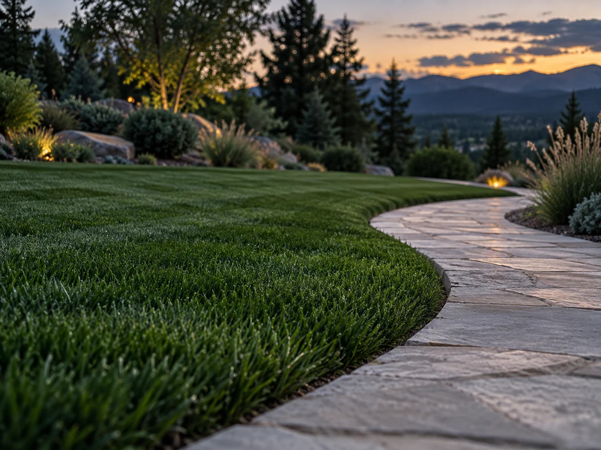 Illustrative twilight garden showing a carefully cut lawn beside a curved stone path